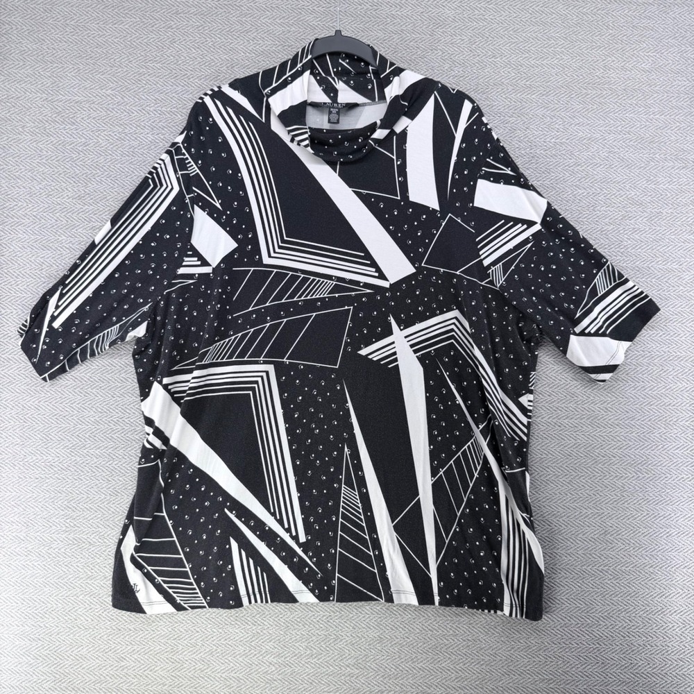 Lauren Ralph Lauren Top 3X Black White Jersey Geometric Cowl Neck Abstract Top